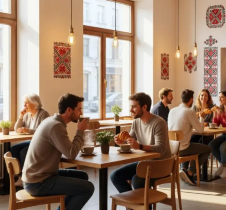 Przytulne wnętrze kawiarni z gośćmi przy stolikach