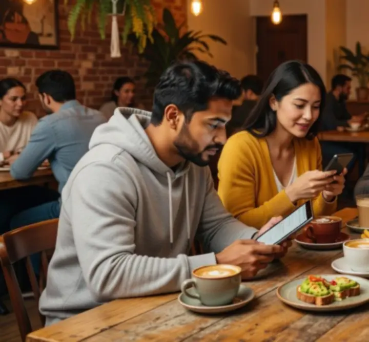 Klienci przeglądający opinie o restauracjach na ekranie