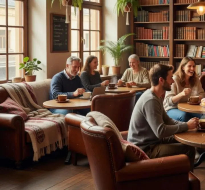Goście w nowoczesnej kawiarni pracujący i rozmawiający przy stolikach