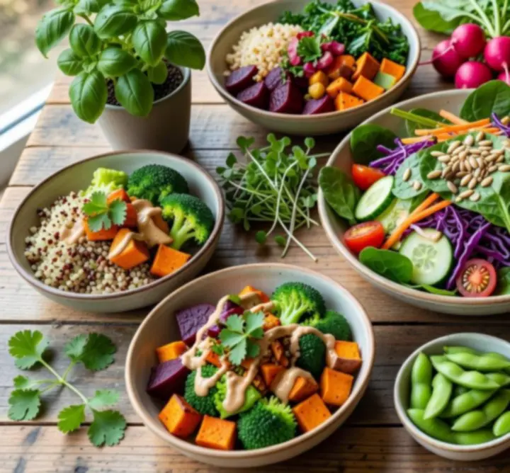 Kolorowe dania wegetariańskie i wegańskie z różnych restauracji