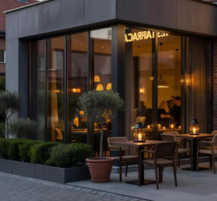 Elewacja restauracji z oświetlonym wejściem wieczorem