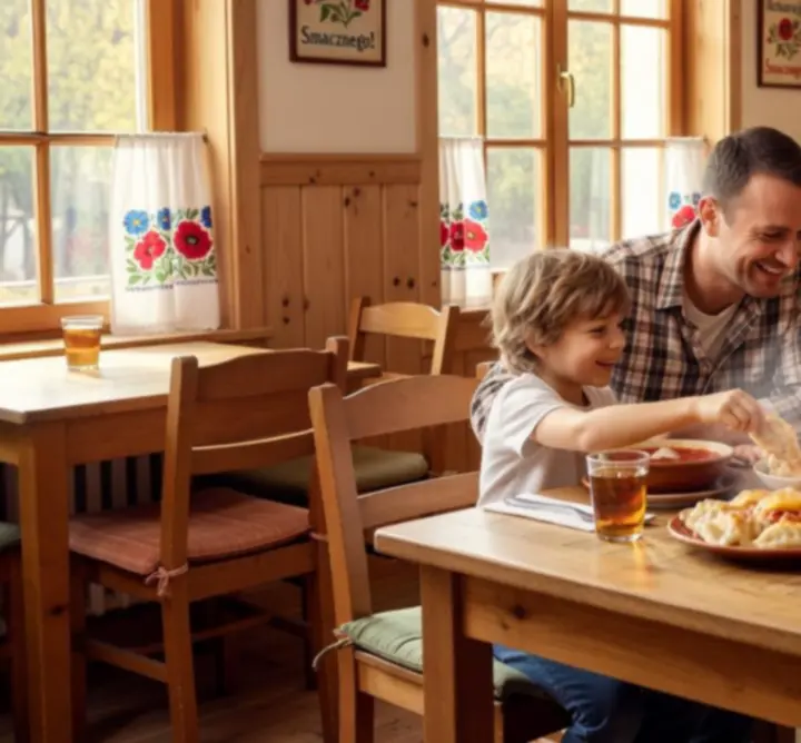 Rodzinne wnętrze restauracji z nakrytymi stolikami